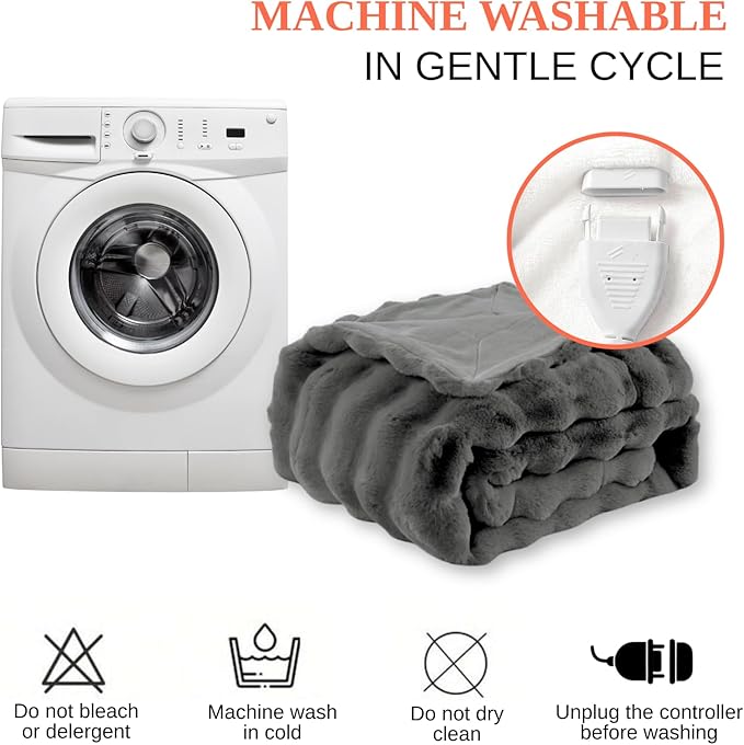 Electric Heated Blanket Throw 50"x60" Grey Ultra Soft Luxury Fluffy Faux Rabbit Fur Machine Washable 6 Heat Settings 4 Hours Auto Off Overheat Protection for Home Office Use