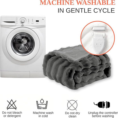 Electric Heated Blanket Throw 50"x60" Grey Ultra Soft Luxury Fluffy Faux Rabbit Fur Machine Washable 6 Heat Settings 4 Hours Auto Off Overheat Protection for Home Office Use