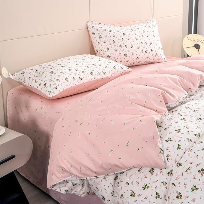 Queen Floral Duvet Cover Set, 100% Brushed Microfiber, 3 Pieces, Fresh Chic Garden Style, Pink Botanical Flower Print, Zipper Closure, Queen Size