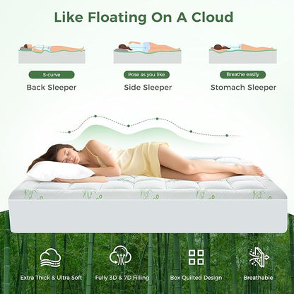HYLEORY Mattress Topper Twin XL Size - Bamboo-Viscose Plush Pillow Top Mattress Pad, Thick Mattress Protector Cover Breathable Fluffy Soft Bed Topper with 8-21" Deep Pocket, Green