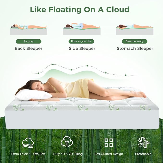 HYLEORY Mattress Topper King Size - Bamboo-Viscose Mattress Topper, Mattress Pad Cover Fluffy Soft Bed Pillow Topper with 8-21" Deep Pocket, Green