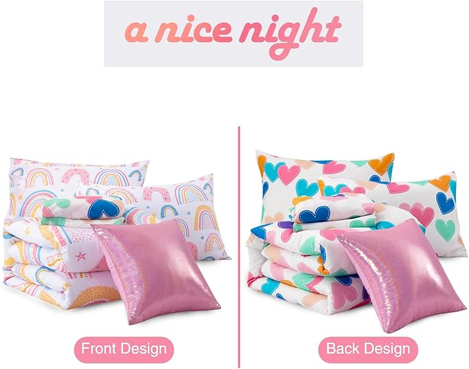 A Nice Night Lightweight Soft Cartoon Rainbow 6Pcs Twin Comforter Sets, Love Hearts Printed Bedding Set for Boys Girls,White