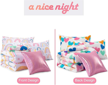 A Nice Night Lightweight Soft Cartoon Rainbow 6Pcs Twin Comforter Sets, Love Hearts Printed Bedding Set for Boys Girls,White