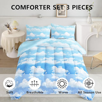 Axolotl Blue Cloud Comforter Set King,Cloud Sky Comforter for Kids,Light Blue Bedding Set,Blue Sky and White Clouds Bedding,Cute Clouds Sky Quilt for Girls Boys Teens,1 Duvet 2 Pillowcases