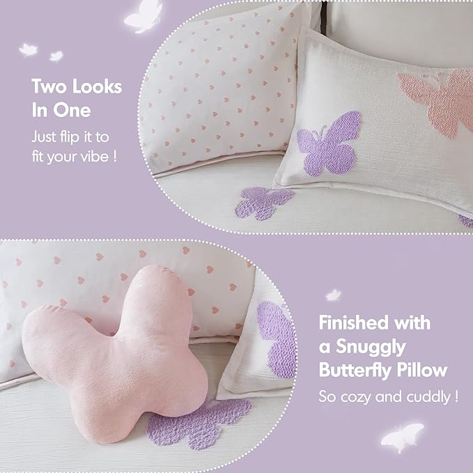 Intelligent Design Kids Rio Twin Comforter Set – Girls’ Reversible Tufted Chenille Bedding with Pastel Purple Butterflies and Pink Dot, 3pcs