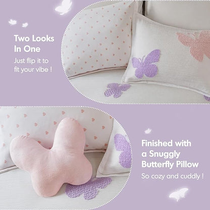 Intelligent Design Kids Rio Twin Comforter Set – Girls’ Reversible Tufted Chenille Bedding with Pastel Purple Butterflies and Pink Dot, 3pcs