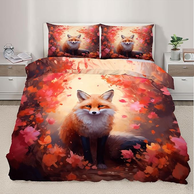 Fox Print Duvet Cover California King, Maple Jungle Red Fox Bedding Set Bedroom Decor Vintage Animal Floral Comforter Cover and 2 Pillow Sham with Zipper Closure