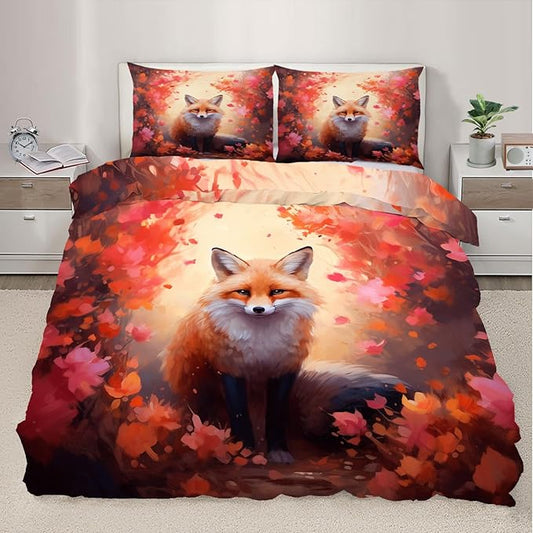 Fox Print Duvet Cover Twin Maple Jungle Red Fox Bedding Set 2 Piece for Kids Decor Vintage Animal Floral Comforter Cover and 1 Pillow Sham with Zipper Closure