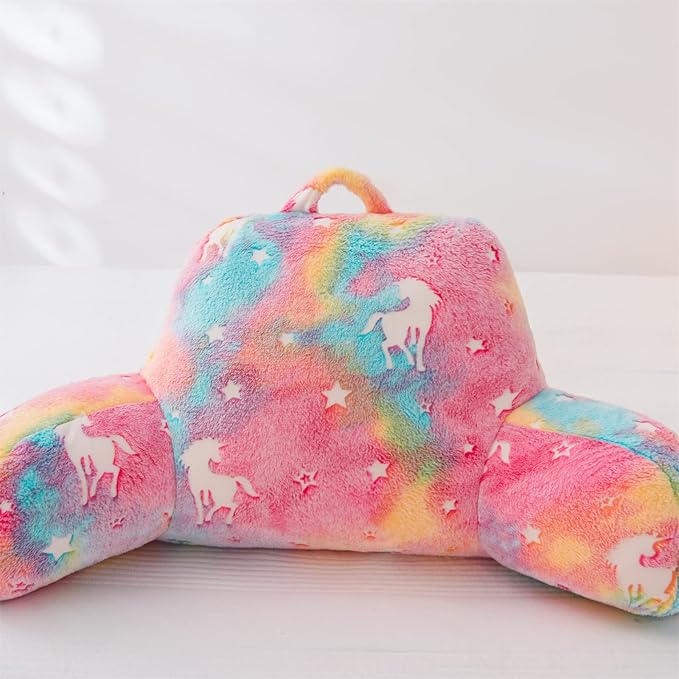 Aimuan Reading Pillow Glow in The Dark Bed Rest Wedge Kids Glow Backrest Pillow Unicorn Print with Arms Back Support for Sitting Up in Bed Cushion, Rainbow