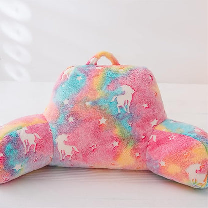 Aimuan Reading Pillow Glow in The Dark Bed Rest Wedge Kids Glow Backrest Pillow Unicorn Print with Arms Back Support for Sitting Up in Bed Cushion, Rainbow
