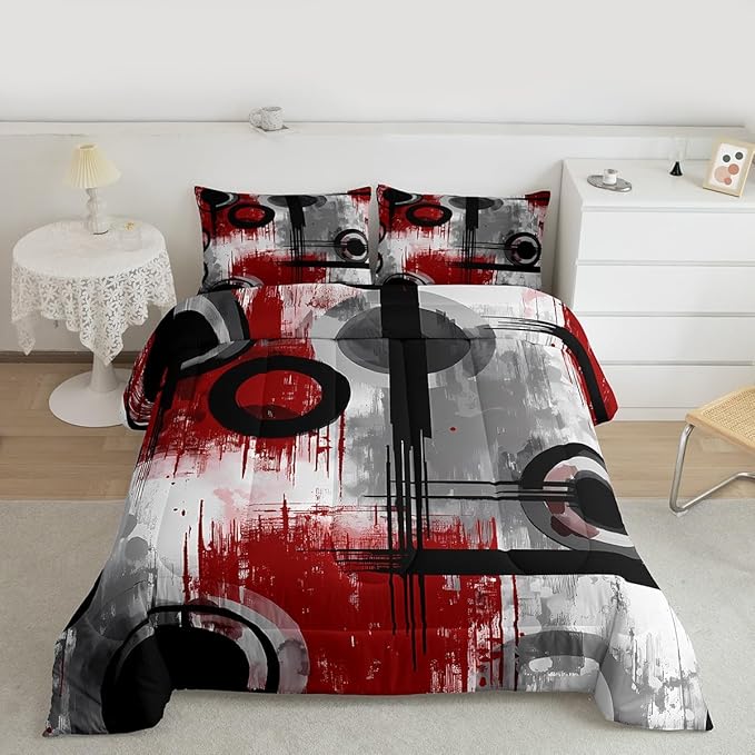 Feelyou Kids Abstract Comforter Set Full Size Modern Art Bedding Set for Boys Girls Teens Bedroom Decor Geometric Comforter Women Men Geometric Red Black Duvet Set with 2 Pillow Case