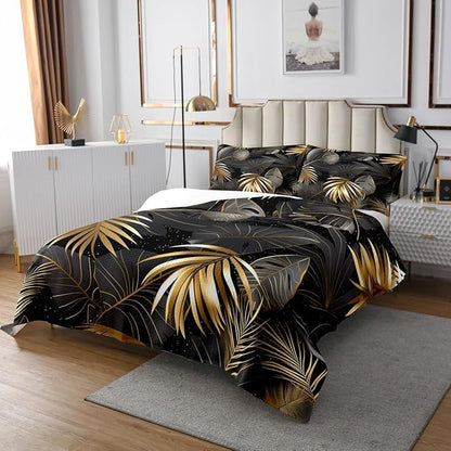 Erosebridal Palm Leaves Coverlet Set Twin Size,Tropical Bedspread for Teens Child Young,Botanical Jungle Bedding Set,Plant Tree Leaf Weed Decor Quilt Set Pastoral Style Bedroom Decor Gold Gray Black