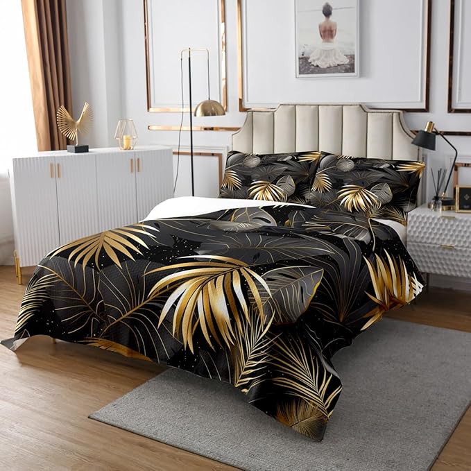 Erosebridal Palm Leaves Coverlet Set Queen Size,Tropical Bedspread for Teens Child Young,Botanical Jungle Bedding Set,Plant Tree Leaf Weed Decor Quilt Set Pastoral Style Bedroom Decor Gold Gray Black