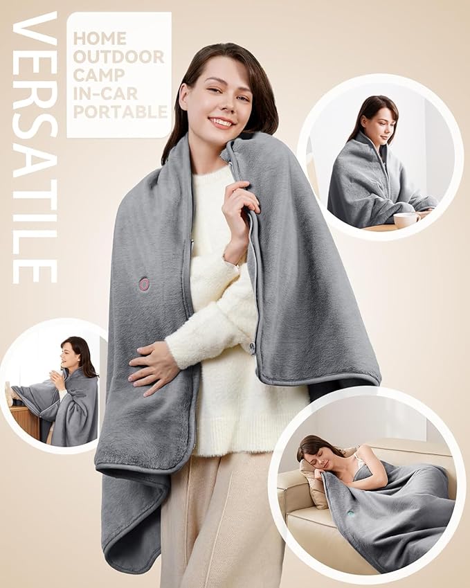 Battery Operated USB Heated Blanket – Cordless Rechargeable Throw with Portable Battery Pack, Far Infrared Heat, Ultra-Soft Faux Rabbit Fur for Home, Office, Travel, Camping