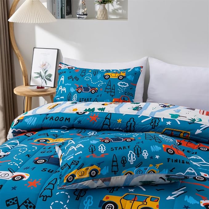 NTBED 5 Pieces Racing Cars Comforter Set Full for Boys Kids Bed in a Bag Vehicles Transportation Lightweight Microfiber Bedding Sets,Blue