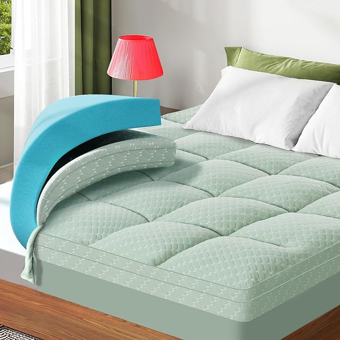 Dual Layer 3 Inch Memory Foam Mattress Topper Twin Size, 2 Inch Gel Memory Foam Plus 1 Inch Cooling Pillow Top Mattress Pad Cover, with 8-21 Inch Deep Pocket, Green