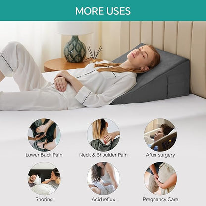 Bedluxe Wedge Pillow, 8 inch Bed Wedge Pillow for Headboard, Pillow Wedge for Acid Reflux Relief, Sleeping, After Surgery, Snoring, Gerd, Triangle Pillow Wedge - Cooling Memory Foam Top, Plush Grey