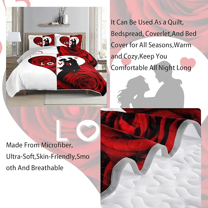 AILONEN Red and White Quilt Set Queen Size,Red Rose Flower Bedspread Coverlet for Couples Lovers,Soft Lightweight,3Pcs His & Hers Quilt & 2 Pillowcases