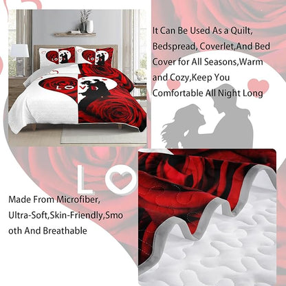AILONEN Red and White Quilt Set Queen Size,Red Rose Flower Bedspread Coverlet for Couples Lovers,Soft Lightweight,3Pcs His & Hers Quilt & 2 Pillowcases