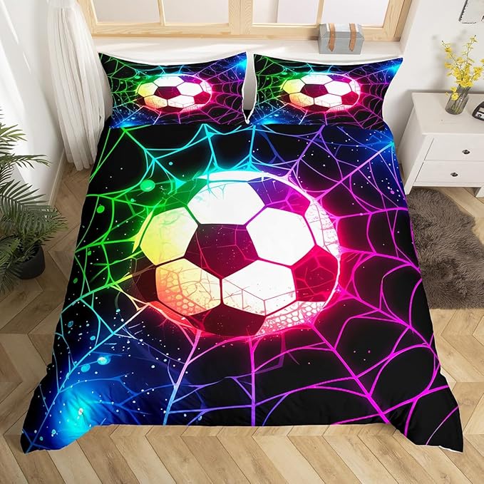 Castle Fairy Football Sports Comforter Cover Queen Size,Watercolor Soccer Duvet Cover with 2 Pillowcase,Boho Geometrical 3 Pieces Bed Set,Starry Galaxy Universe Bedding Set,Kids Teens Birthday Gift