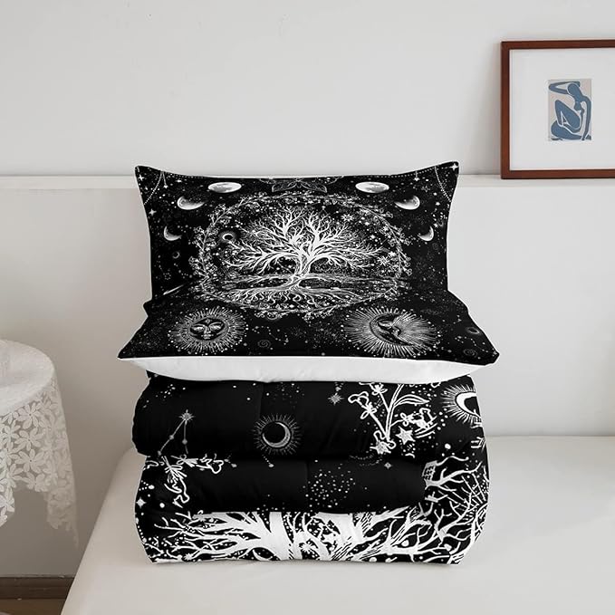 Feelyou Sun and Moon Comforter Bohemian Tree Butterfly Style Bedding Set Psychedelic Hippie Comforter Set for Boys Girls Children Teens Bedroom Decor Galaxy Astrology Duvet Set Toddler Size