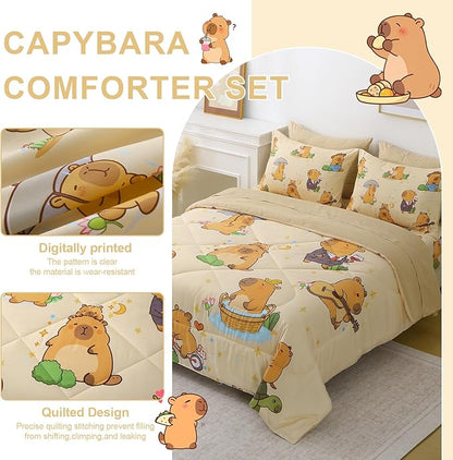 7 Piece Capybara Comforter Set Queen Size Cute Cartoon Capybara Bedding Set Super Soft All Season Bedroom Decor for Kids Girls Boys Teens Birthday Choice