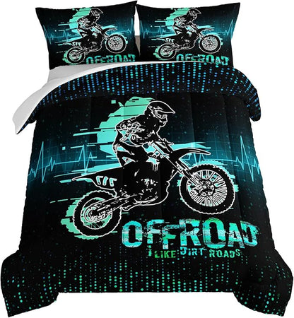 HOSIMA Extreme Sport Theme Comforter Motorcycle Queen Size Bed in a Bag for Boys Kids Teens,Dirt Bike Tournment Kids Game Room Decor,Motocross Rider Black Comforter with 2 Pillowcases.