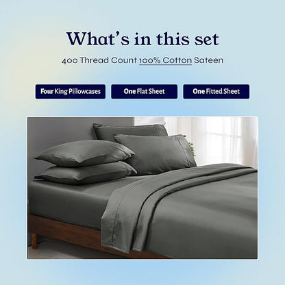 California Design Den 6-Pc King Size Sheet Set with 4 Pillowcases - Soft 400 Thread Count 100% Cotton Sheets, Sateen Weave, Deep Pocket Bedsheets Set - Grey