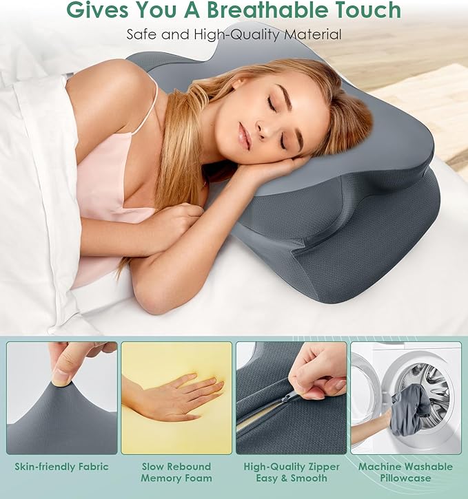 DONAMA Cervical Neck Pillow- Ergonomic Pillows for Pain Relief, Contour Memory Foam Pillow for Side/Back/Stomach Sleepers, CertiPUR-US Certified with Cooling Ice Silk Pillowcase