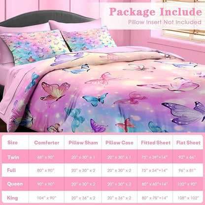 Comforter Set Queen Size, Pink Blue Butterfly 7 Pcs Bedding for Kids and Adults, Purple Colorful Rainbow Bed Sheet Sets with Fitted Sheet 2 Pillowcases & 2 Shams for Bedroom Bed Decor