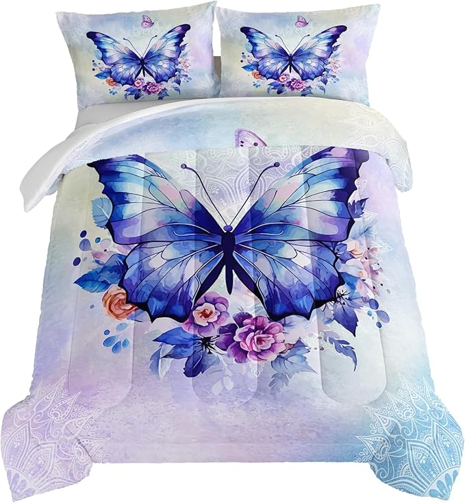 HOSIMA Floral Purple Butterfly Comforter-Soft Microfiber,Fantasy Butterfly Aesthetics Full Size Bed in a Bag for Kids Girls Teens Women,Mandala Preppy Bedding 3Piece with 2 Pillow Shams.
