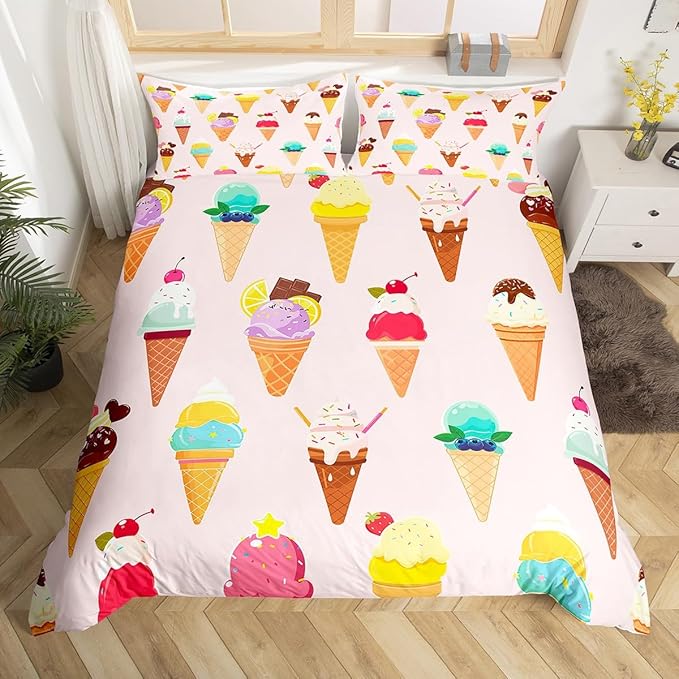 Castle Fairy Ice Cream Comforter Cover Twin Pink Cool Bedding Set Children Favorite Duvet Cover for Boys Girls Bedspread Cover 2pcs (1 Duvet Cover +1 Pillowcases),Multi 7