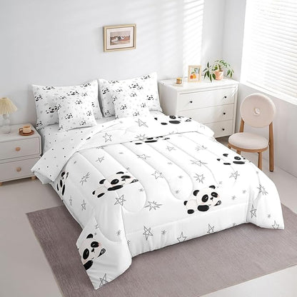 Feelyou Cartoon Comforter Set with Sheets 7 Piece Queen Size Kids Cute Animal Bed in a Bag for Boys Girls Kawaii Bedding Set Breathable Panda Bear Printed Black White Bed Set Room Decor