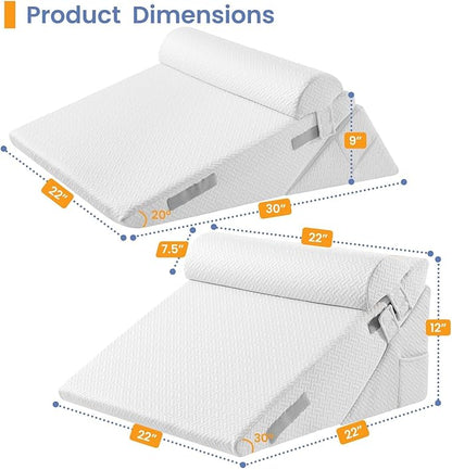 Sasttie Wedge Pillow Set for After Surgery, 2PCS Adjustable Bed Wedge Pillow Headboard with Memory Foam Neck Cushion – for Acid Reflux, Sleeping, Neck & Back Support, White