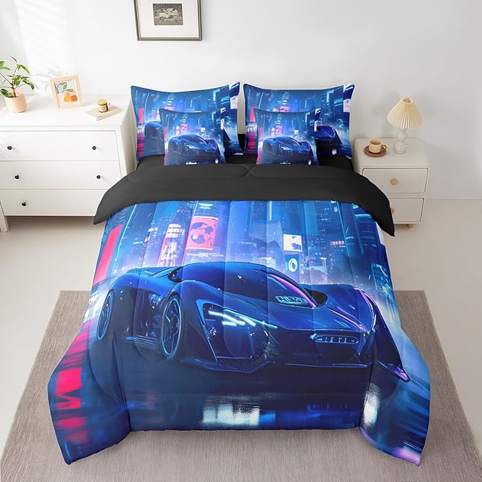 Feelyou City Racing Car 7 Piece Bedding Set Queen Size Blue Sport Car Comforter Set with Sheets for Adult Kids Boys Teens Fast and Furious Bed in a Bag Luxury Car Bed Set