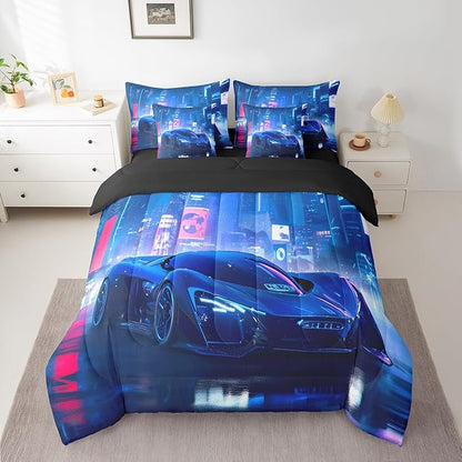 Feelyou City Racing Car 7 Piece Bedding Set Queen Size Blue Sport Car Comforter Set with Sheets for Adult Kids Boys Teens Fast and Furious Bed in a Bag Luxury Car Bed Set