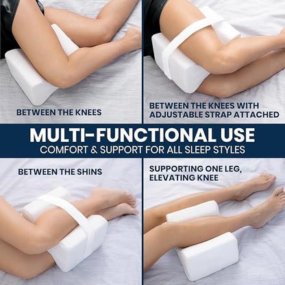 Everlasting Comfort Memory Foam Knee Pillow for Side Sleepers – Sciatica Pain Relief Pillow, Removable Strap Support – Leg Pillows for Sleeping Alignment, Knees, Back & Hip Cushion