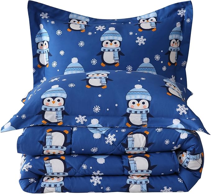 JSD Penguin Snowflakes Kids Christmas Comforter Set Queen Size, 3 Piece Xmas Printed Microfiber Bedding Set, Machine Washable