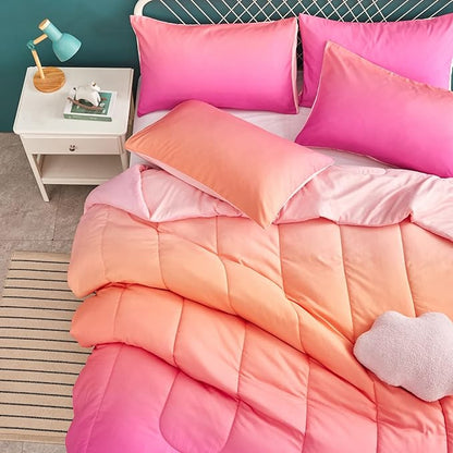 Yogeneg Rainbow Kids Comforter Sets Full/Queen Size for Teen Girl &Boys Women, Pink Orange Ombre Comforter with 2 Pillowcase, Microfiber 3 Piece Bedding Set,All Season (Rainbow D, Queen)
