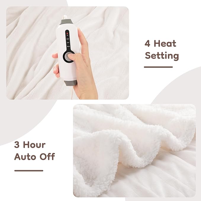 Electric Heated Blanket Throw Size - 50"x60", Soft Flannel Heating Blanket, 4 Heating Levels, 3 H Auto Shut Off, Breathable Warm and Washable for Sofa, White