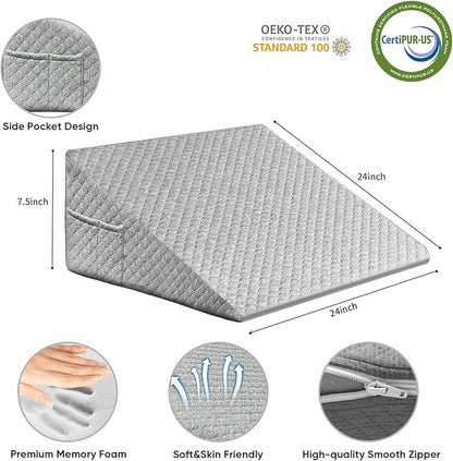 Wedge Pillow, 7.5 Inch Bed Wedge Pillow for Headboard, Pillow Wedge for Acid Reflux Relief, After Surgery, Sleeping，Back Pain Relief, Memory Foam Top, Darkgrey