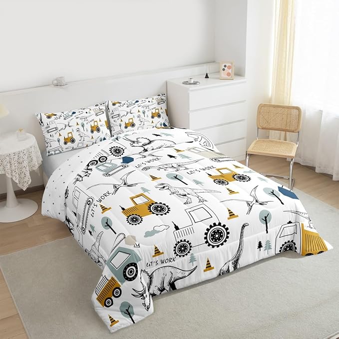 Feelyou Construction Comforter Set Twin Kids Cartoon Car Excavator Tractor Toddler Comforter Equipment Trucks Dinosaur Comforter Set Construction Vehicles White Yellow Duvet Set with 1 Pillow Case