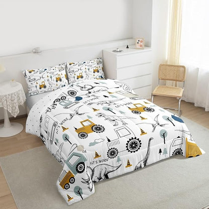 Feelyou Construction Comforter Set Queen Size Kids Cartoon Car Excavator Tractor Toddler Comforter Equipment Trucks Dinosaur Comforter Set Construction Vehicles White Yellow Duvet Set Quilt Set