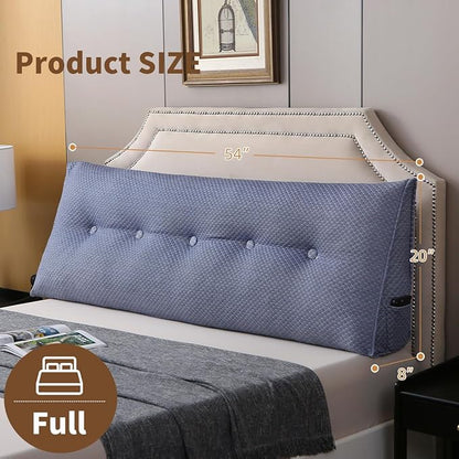 Wedge Headboard Pillow for Bed, Full Dorm Headboard Pillow Support for Sitting Up, Reading, Relaxing, Bolster Pillow with Removable Washable Cover, Blue