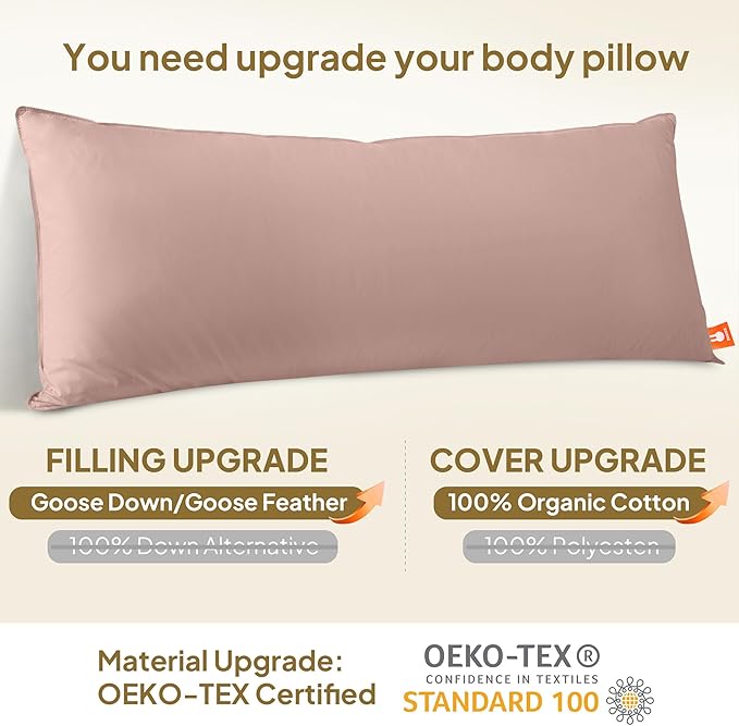Goose Down Body Pillows for Adults, Large Body Pillow for Side Sleeper, Hugging Feather Body Pillow Insert, Cooling Full Length Long Pillow for Bed with 100% Organic Cotton Shell, (Pink 20"x60")