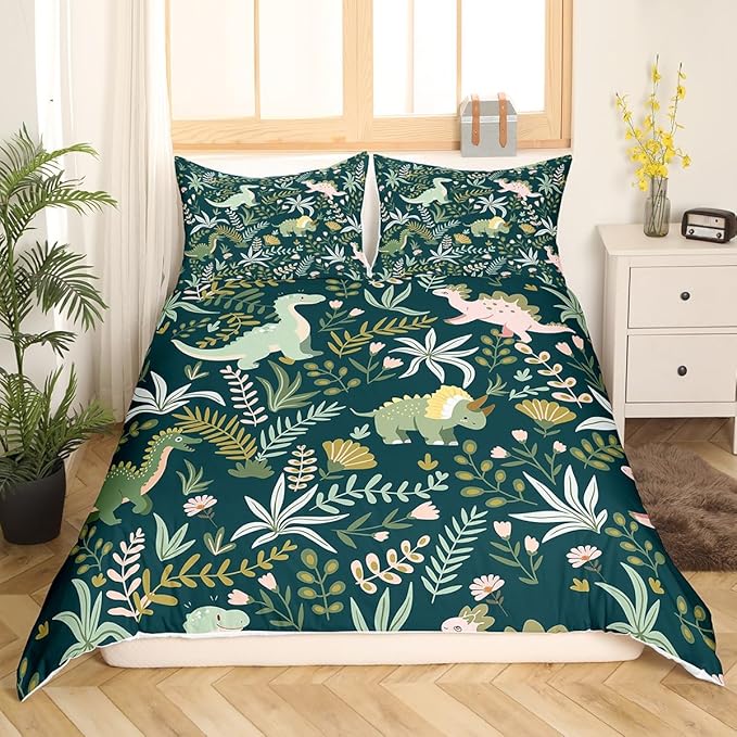Castle Fairy Cute Dinosaur Duvet Cover Set Full Size,Kids Cartoon Dino Kawaii Animal Comforter Cover with 2 Pillowcases,Green Pink Leaves Plant Botanical Breathable Bedspread for Boys Teens