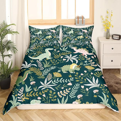 Castle Fairy Cute Dinosaur Duvet Cover Set Full Size,Kids Cartoon Dino Kawaii Animal Comforter Cover with 2 Pillowcases,Green Pink Leaves Plant Botanical Breathable Bedspread for Boys Teens