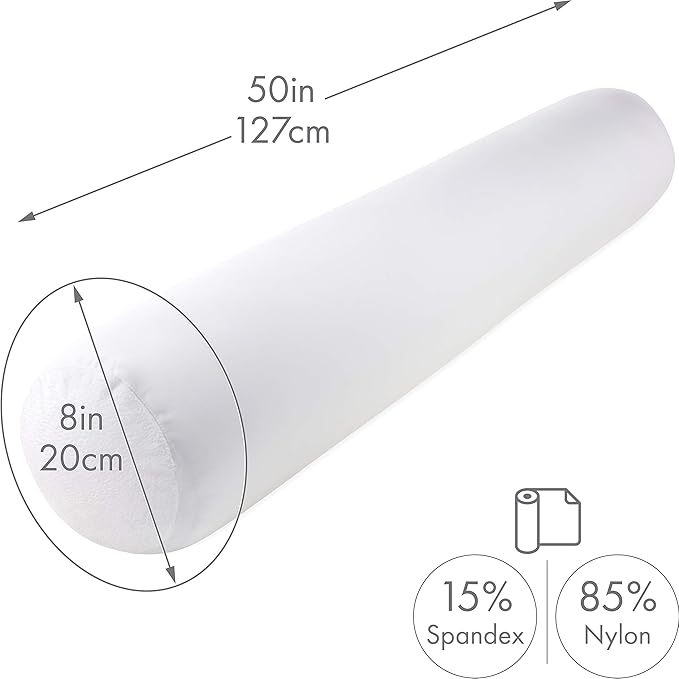 Straight Body Pillow, Full Size Premium Microbead,Side Sleeping/Maternity Pregnant Women, Supportive,Fluffy, Breathable, Cooling, 85/15 Spandex/Nylon Silky Feel Anti-Aging - 48 X 8 - White