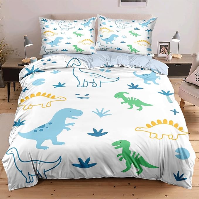 Dinosaur Duvet Cover Sets King Size for Kids Boys Girls Teens, Cute Cartoon Comforter Cover with 1 Duvet Cover 79x90 Inches and 2 Pillowcases 20x26 Inches (King,No Comforter)