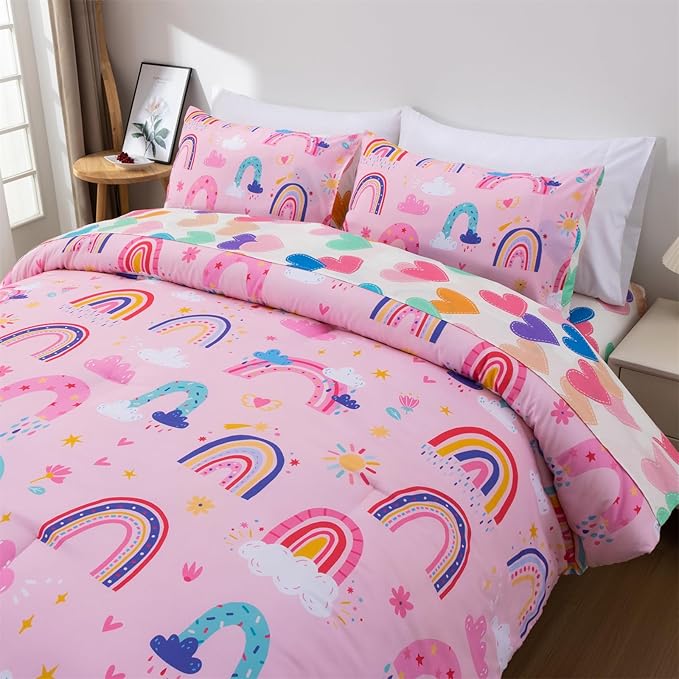 Holawakaka Boho Rainbow Twin Comforter Set with Sheets, 5-Piece Bohemian Love Heart Bedding Set for Girls & Women - Super Soft Microfiber Kids Teen-Girls Twin Size Pink Reversible Bed-in-a-Bag